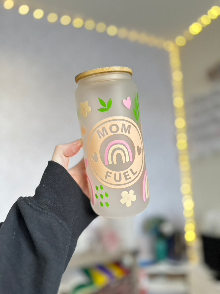 Mom Fuel | VINYL | 20 oz Libbey Can Glass with Bamboo Lid & Straw