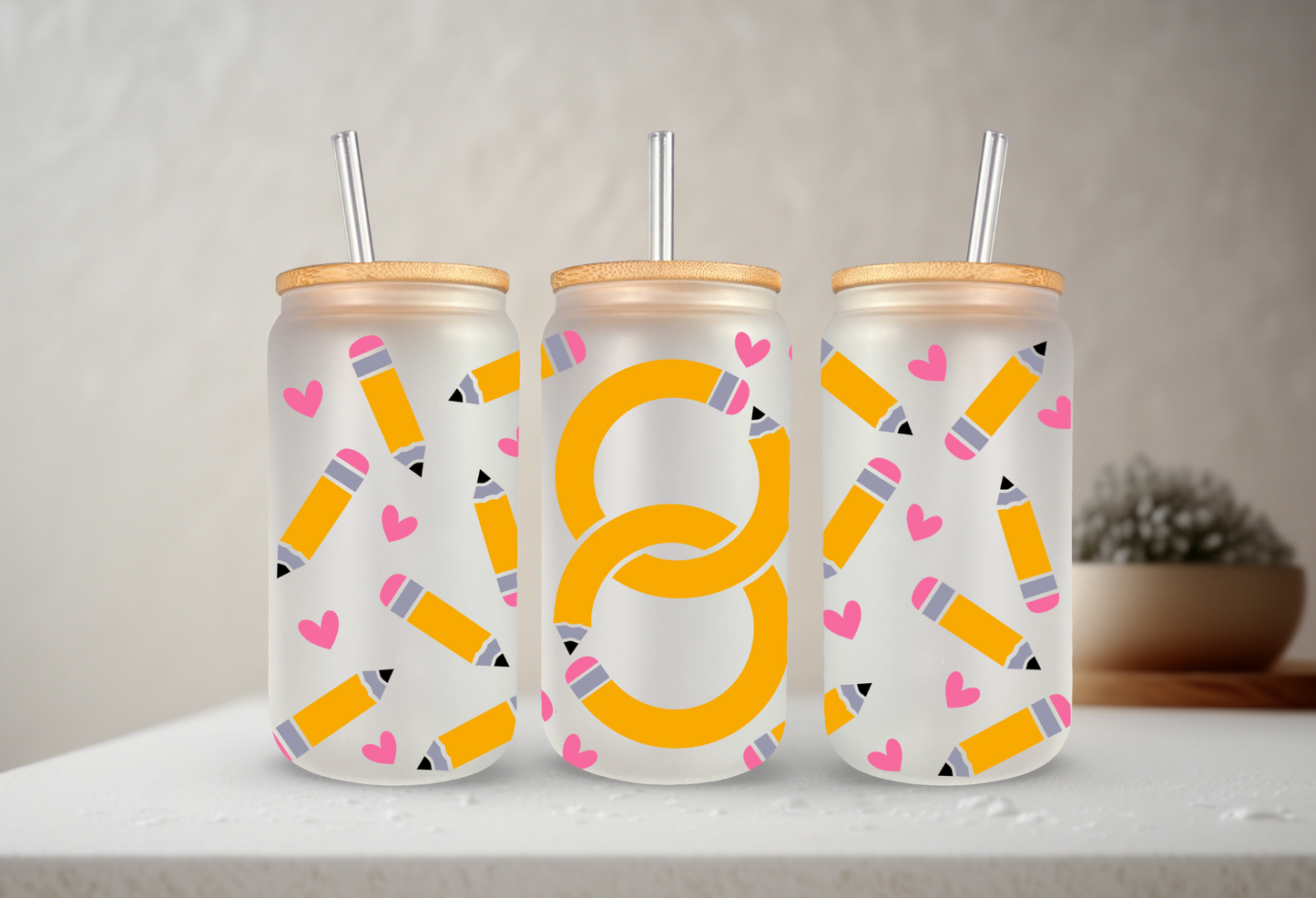 Teacher Pencil | UVDTF | 20 oz Libbey Can Glass with Bamboo Lid & Straw