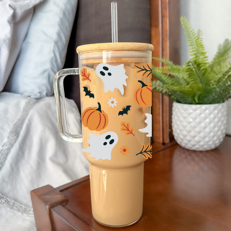Pumpkin Ghosts | VINYL | 40 oz Glass Tumbler with Bamboo Lid & Straw