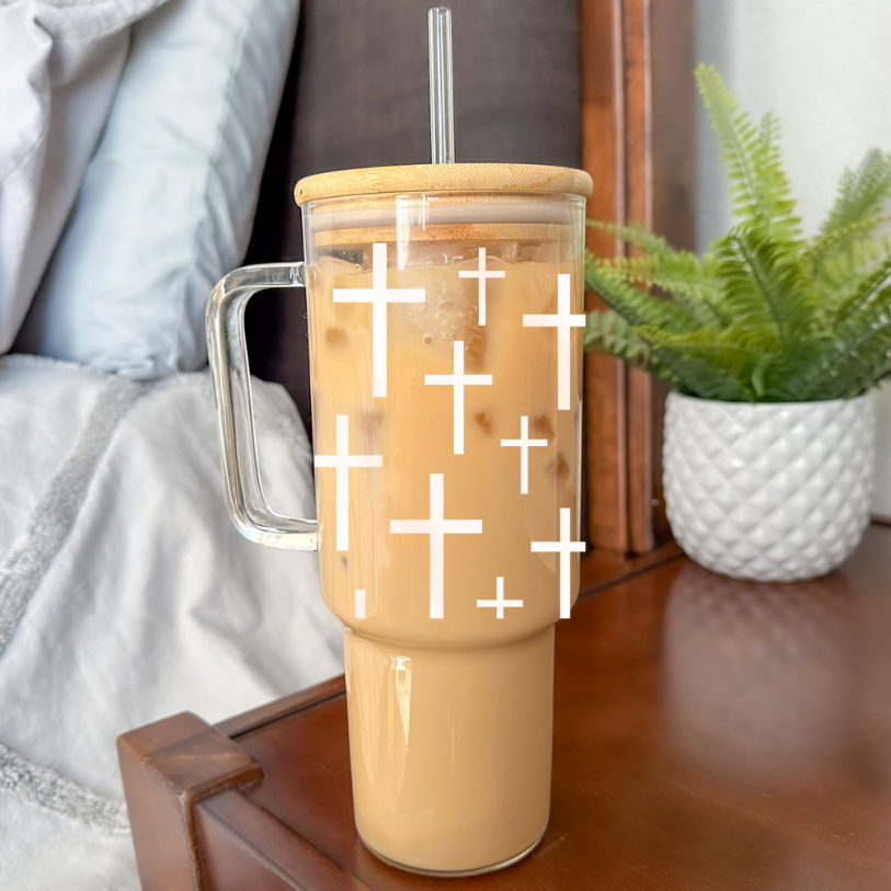 Crosses | UVDTF | 40 oz Glass Tumbler with Bamboo Lid & Straw