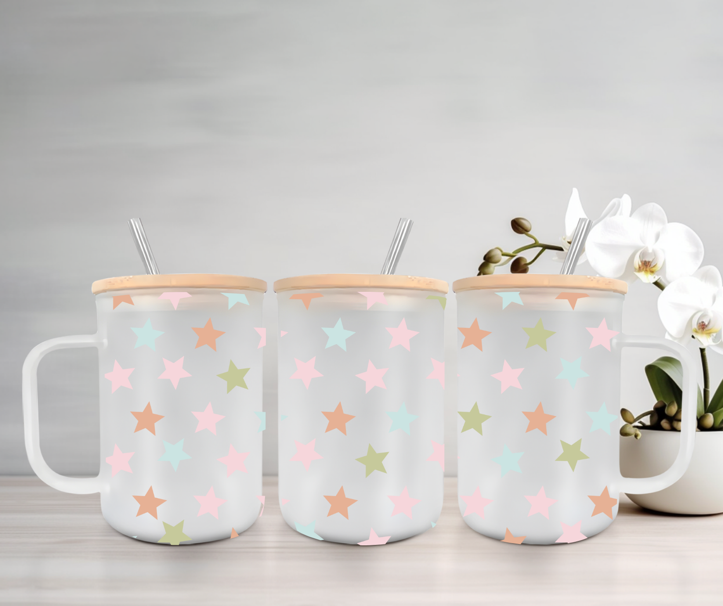 Boho Stars | UVDTF | 15oz Mug with Handle, Bamboo Lid & Straw