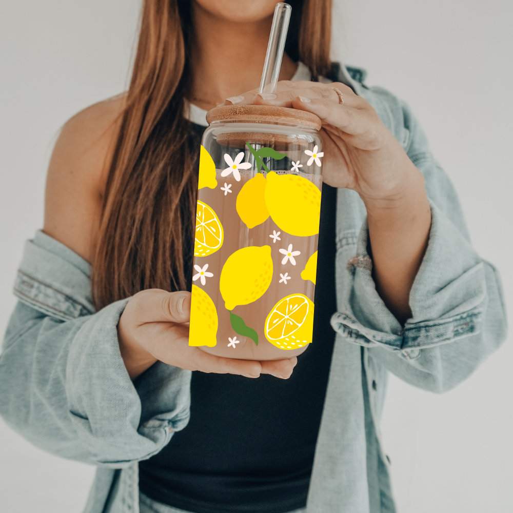 Lemon | VINYL | 20 oz Libbey Can Glass with Bamboo Lid & Straw