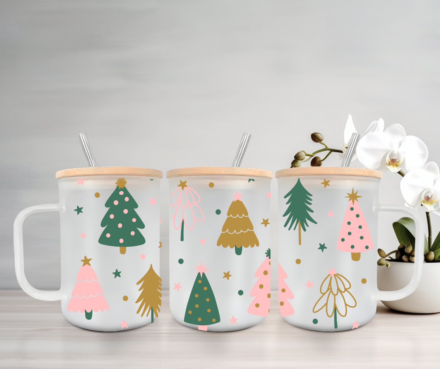 Boho Christmas Trees | UVDTF | 15oz Mug with Handle, Bamboo Lid & Straw
