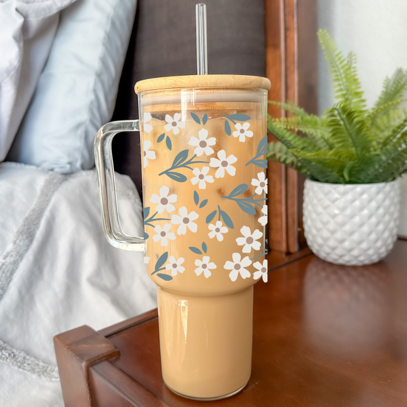 Summer Daisies | VINYL | 40 oz Glass Tumbler with Bamboo Lid & Straw