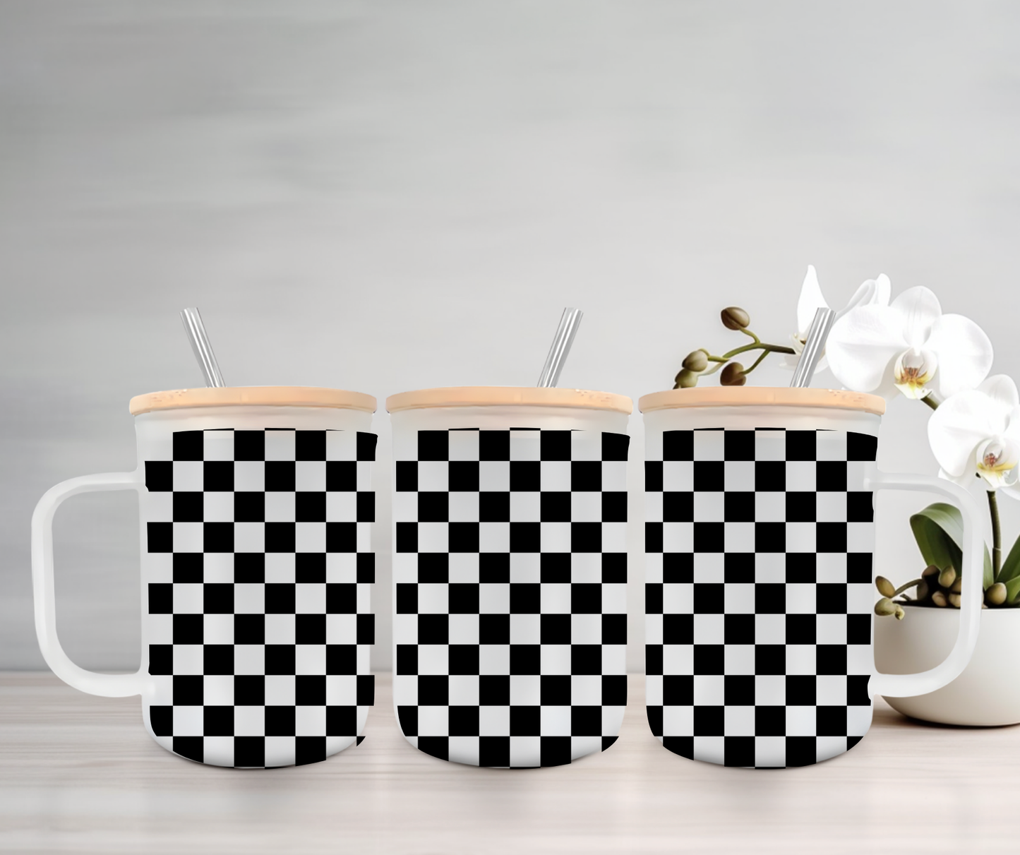 Checkered | UVDTF | 15oz Mug with Handle, Bamboo Lid & Straw