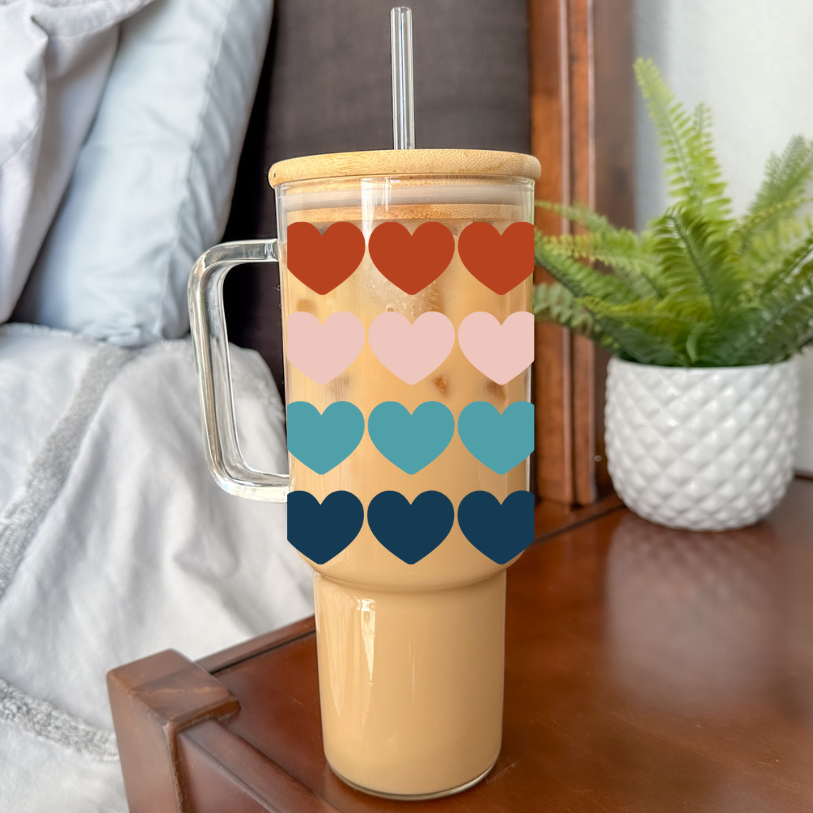 Boho Hearts | VINYL | 40 oz Glass Tumbler with Bamboo Lid & Straw