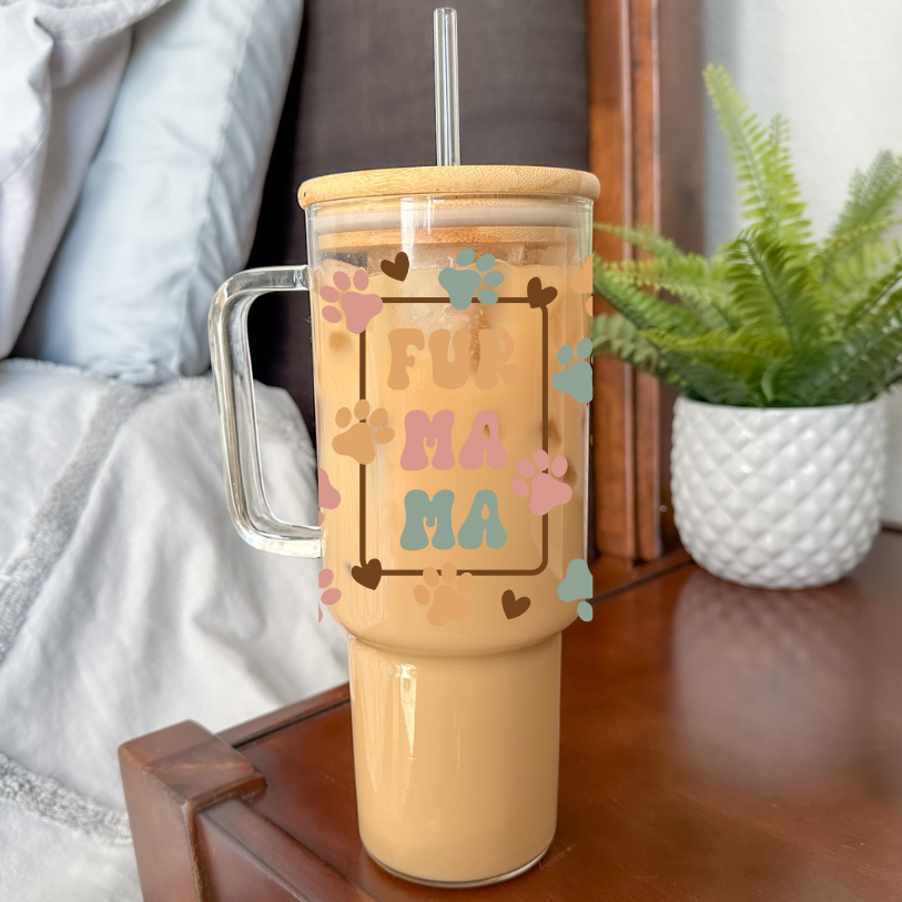 Fur Mama | VINYL | 40 oz Glass Tumbler with Bamboo Lid & Straw