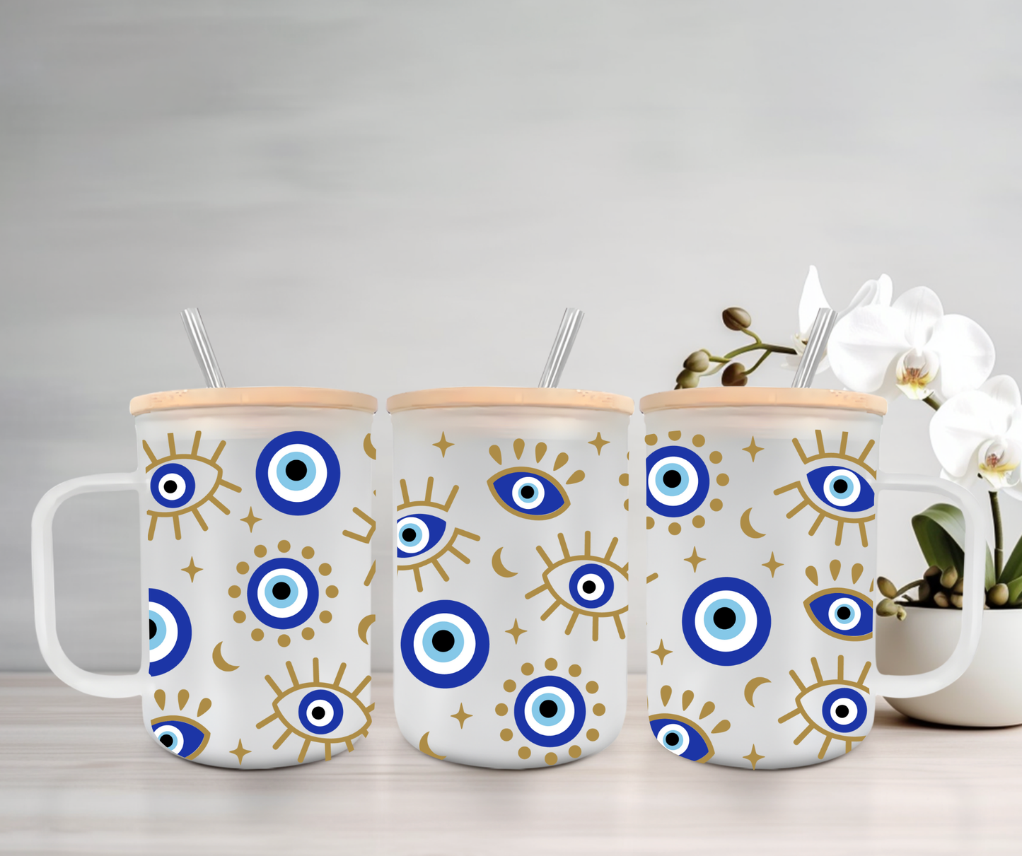 Evil Eye | UVDTF | 15oz Mug with Handle, Bamboo Lid & Straw