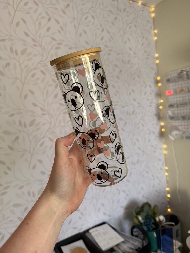 Koala | UVDTF | 25oz Skinny Glass Tumbler with Bamboo Lid & Straw