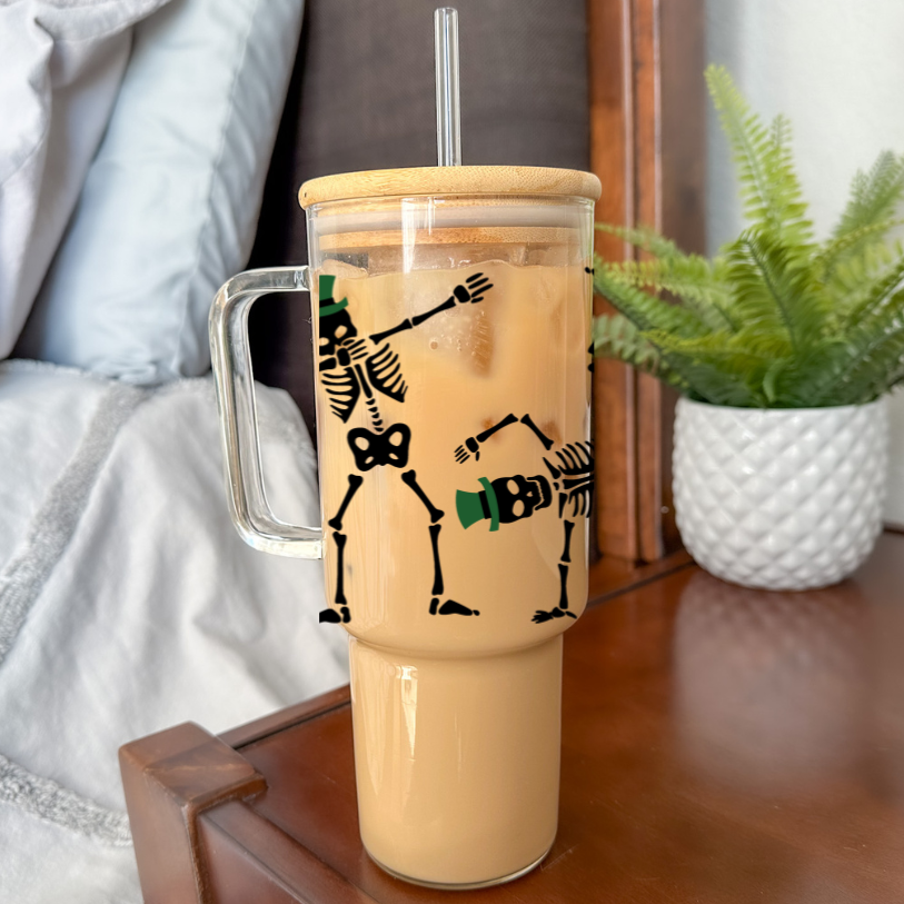 St. Patrick's Dancing Skeletons | UVDTF | 40 oz Glass Tumbler with Bamboo Lid & Straw