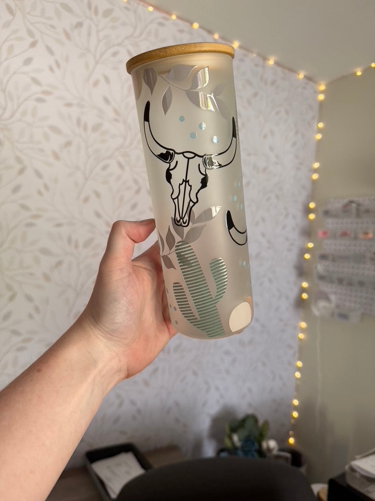 Western | UVDTF | 25oz Skinny Glass Tumbler with Bamboo Lid & Straw