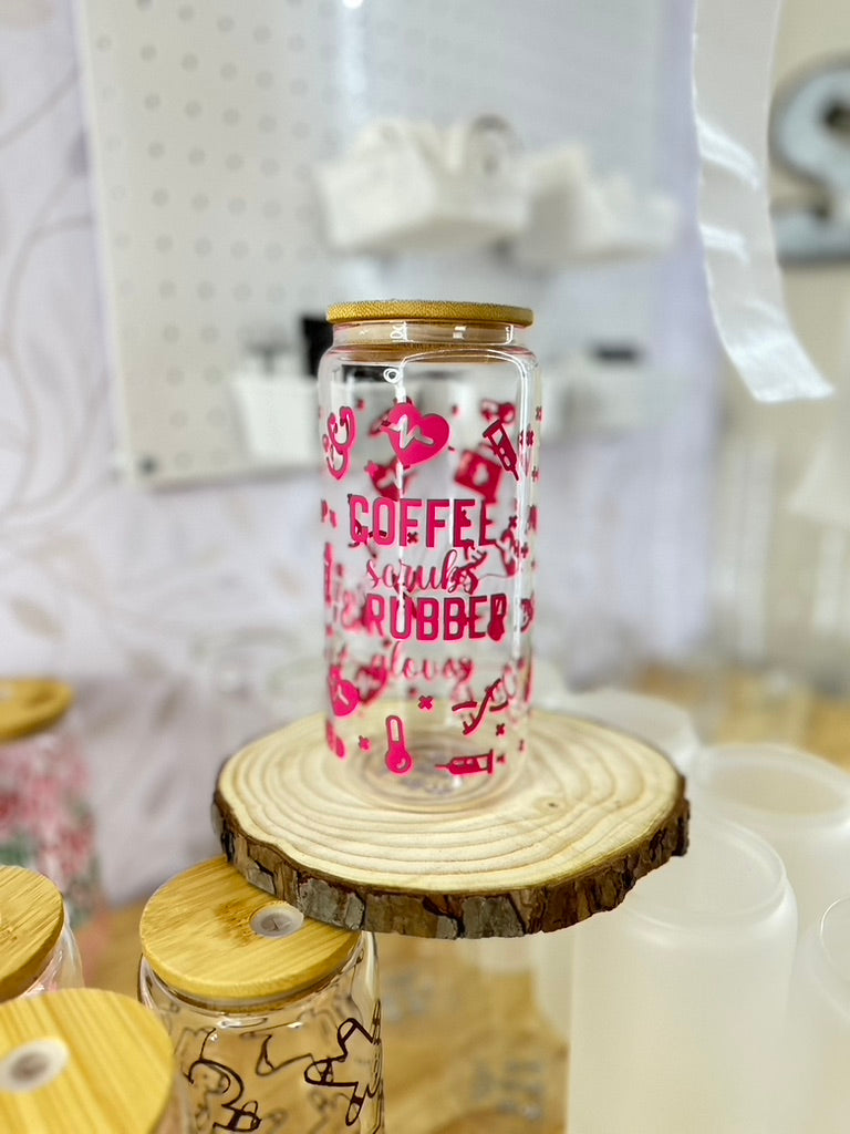 Coffee Scrubs & Rubber Gloves | Nurse Life | UVDTF | 20 oz Libbey Can Glass with Bamboo Lid & Straw
