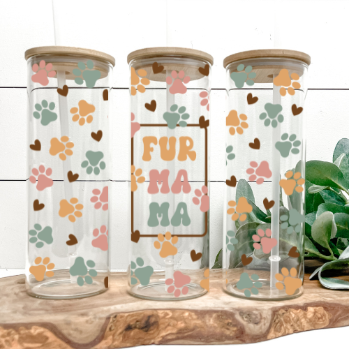 Fur Mama | UVDTF | 25oz Skinny Glass Tumbler with Bamboo Lid & Straw