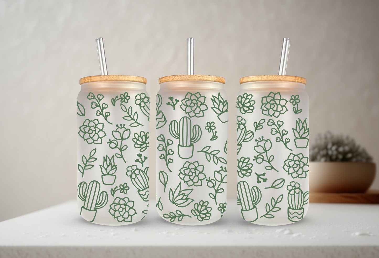 Cactus | VINYL | 20 oz Libbey Can Glass with Bamboo Lid & Straw