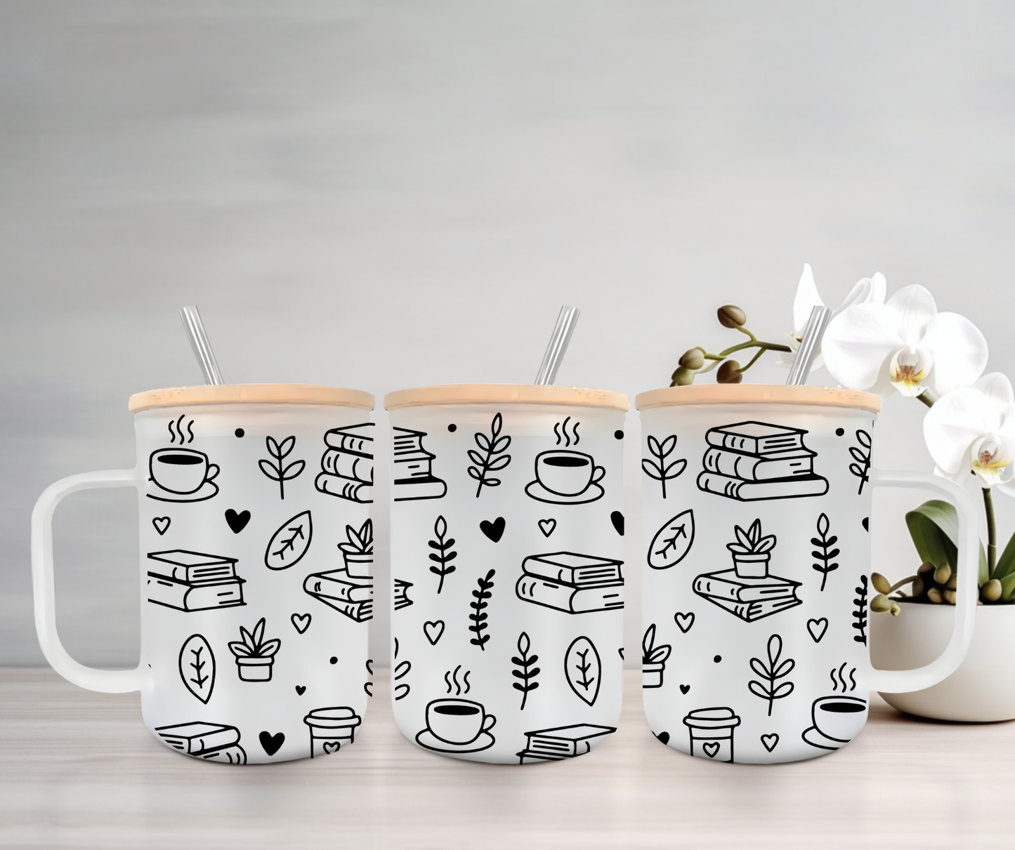Books & Coffee | VINYL | 15oz Mug with Handle, Bamboo Lid & Straw