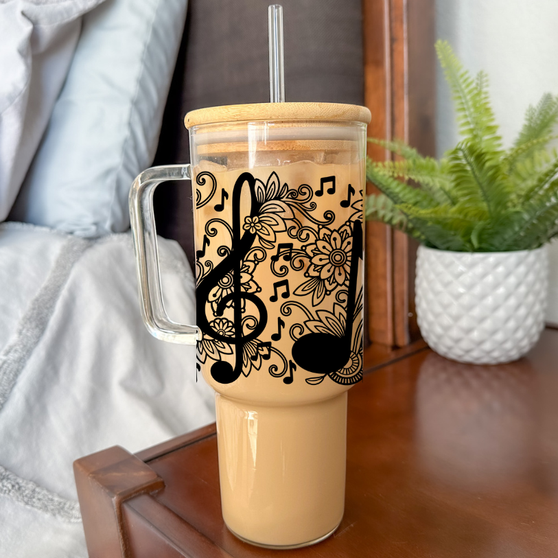 Floral Music | VINYL | 40 oz Glass Tumbler with Bamboo Lid & Straw