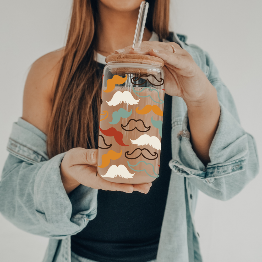 Mustache | UVDTF | 20 oz Libbey Can Glass with Bamboo Lid & Straw