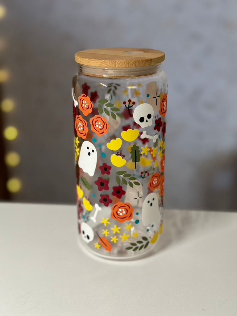 Floral Halloween | VINYL | 20 oz Libbey Can Glass with Bamboo Lid & Straw