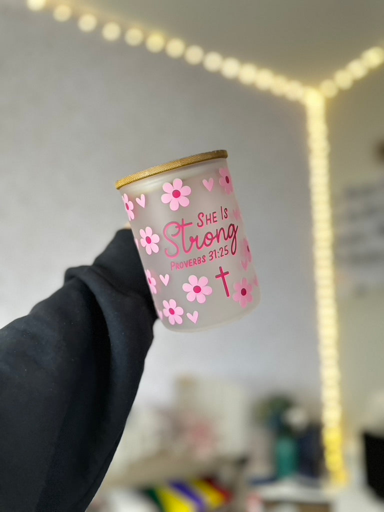 She Is Strong | VINYL | 15oz Mug with Handle, Bamboo Lid & Straw