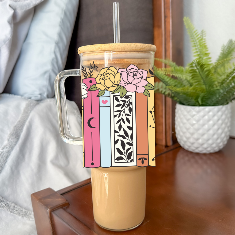 Floral Books - Color | UVDTF | 40 oz Glass Tumbler with Bamboo Lid & Straw