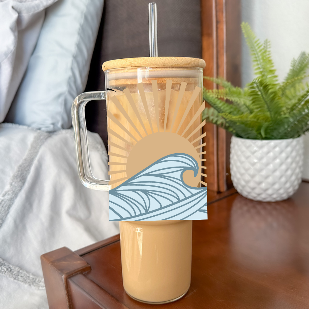 Summer Waves | UVDTF | 40 oz Glass Tumbler with Bamboo Lid & Straw