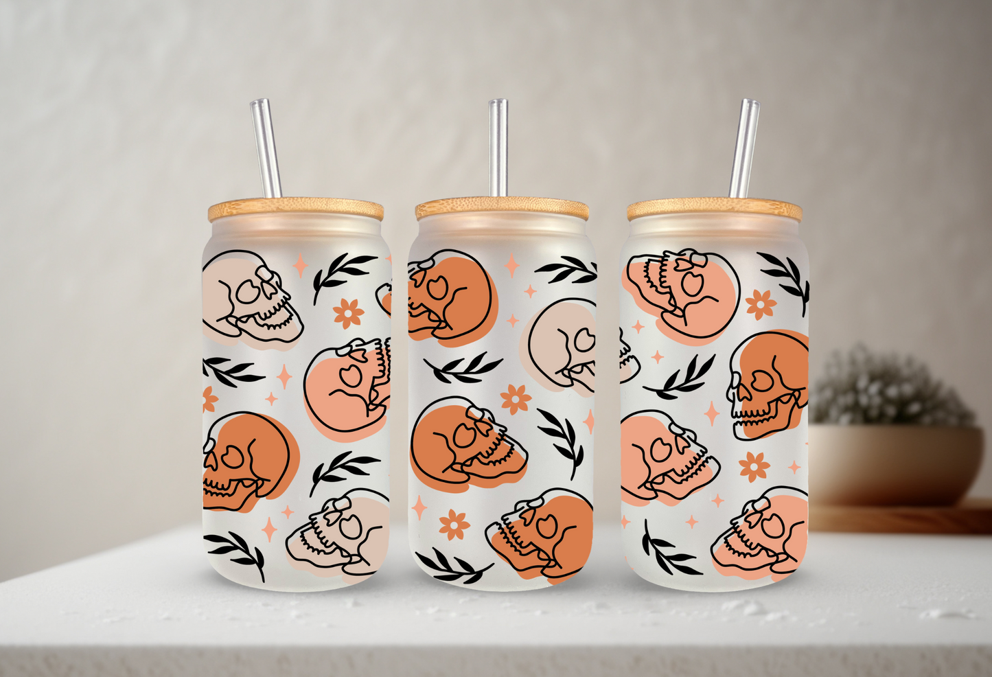 Boho Skulls | UVDTF | 20 oz Libbey Can Glass with Bamboo Lid & Straw