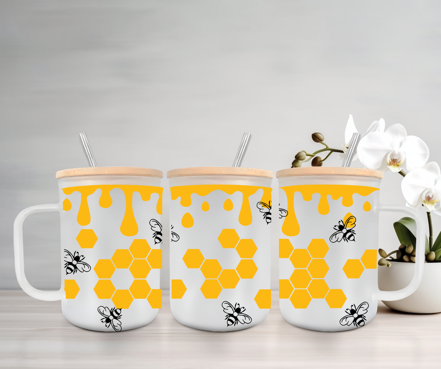 Beehive | UVDTF | 15oz Mug with Handle, Bamboo Lid & Straw
