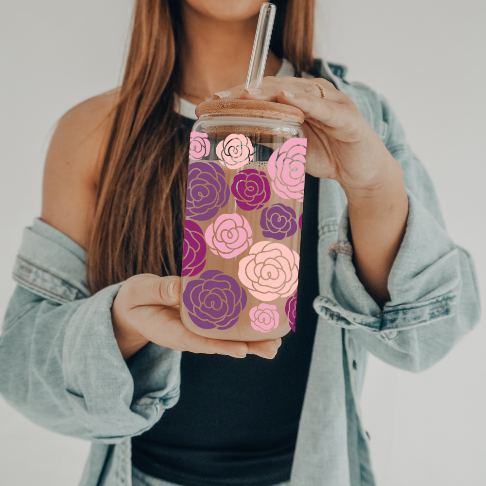 Roses | VINYL | 20 oz Libbey Can Glass with Bamboo Lid & Straw
