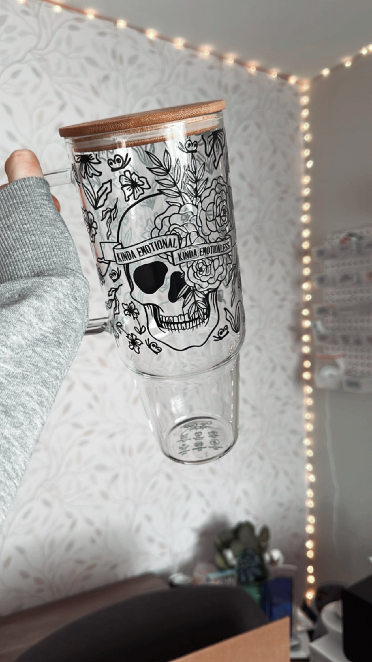 Kinda Emotional, Kinda Emotionless | UVDTF | 40 oz Glass Tumbler with Bamboo Lid & Straw