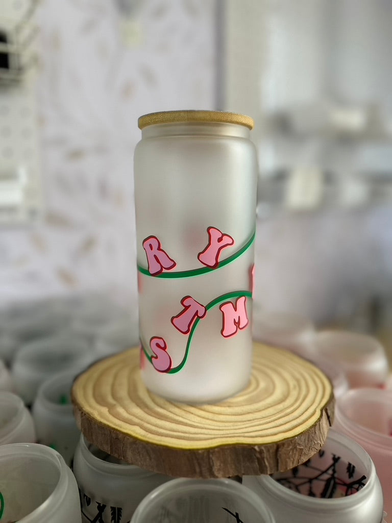 Christmas Ribbon | UVDTF | 20 oz Libbey Can Glass with Bamboo Lid & Straw