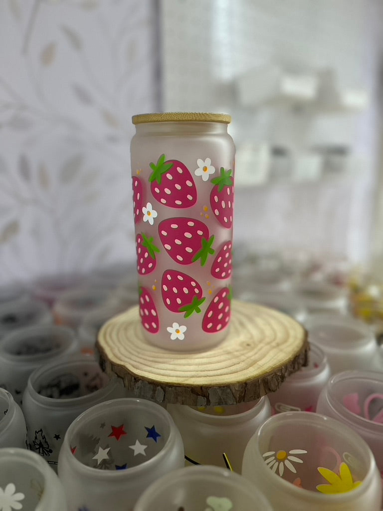 Strawberry | UVDTF | 20 oz Libbey Can Glass with Bamboo Lid & Straw