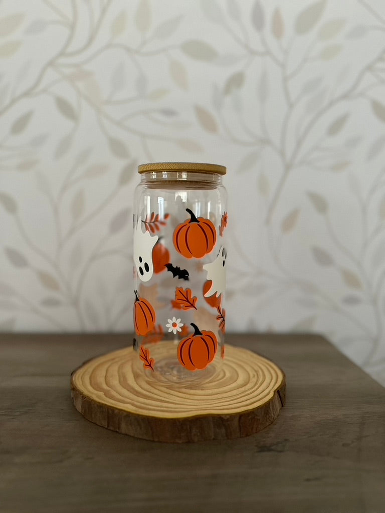 Pumpkin Ghosts | VINYL | 20 oz Libbey Can Glass with Bamboo Lid & Straw