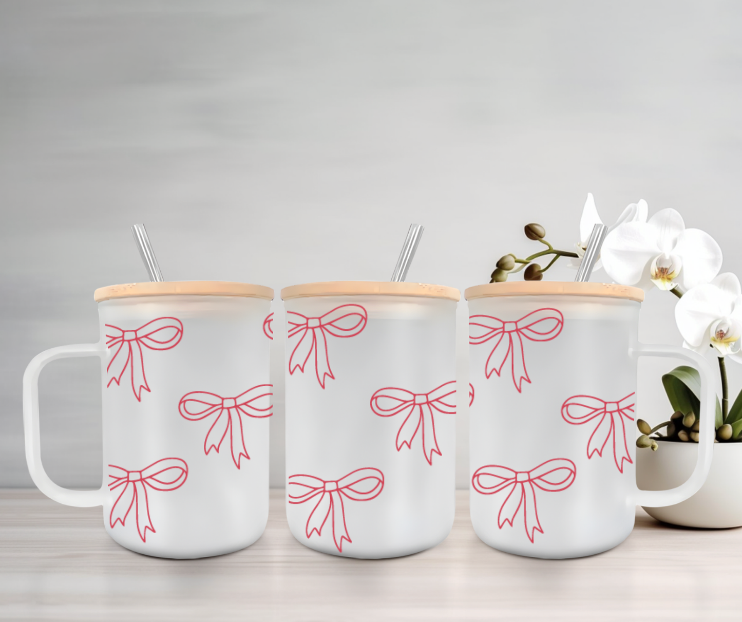 Bows | UVDTF | 15oz Mug with Handle, Bamboo Lid & Straw
