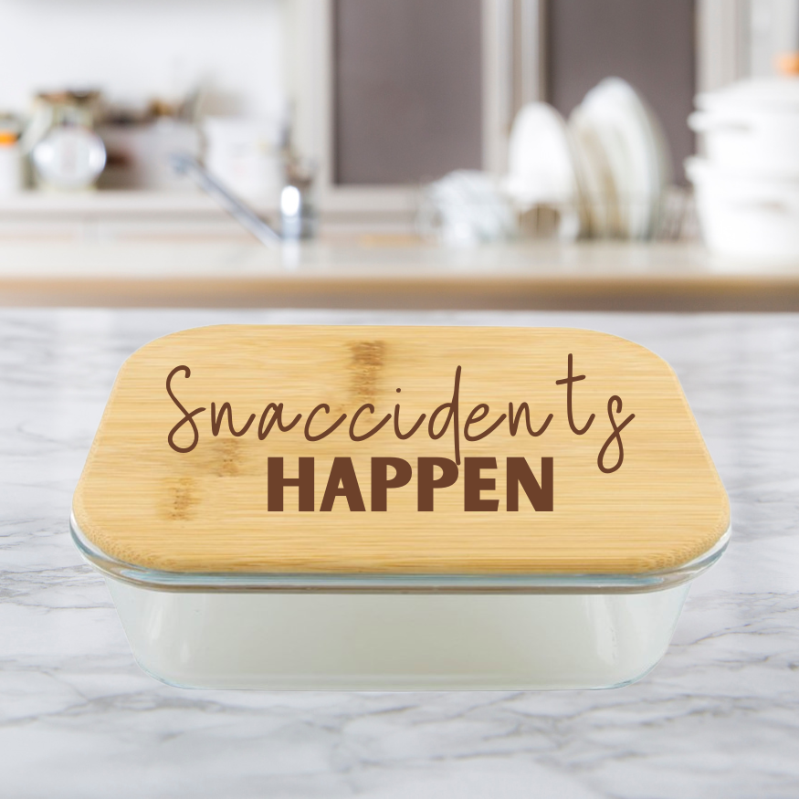 Snaccidents Happen | ENGRAVED | 36oz Glass Food Storage Container with Bamboo Lid