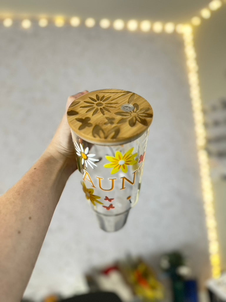 Summer Meadow - Auntie | UVDTF | 40 oz Glass Tumbler with Bamboo Lid & Straw