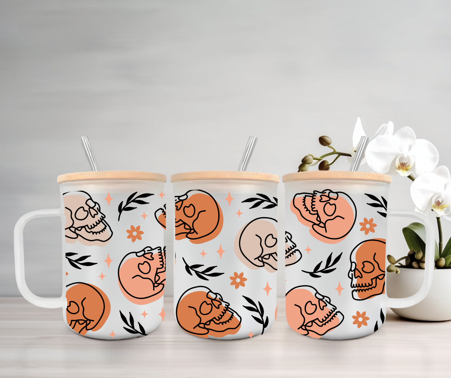 Boho Skulls | UVDTF | 15oz Mug with Handle, Bamboo Lid & Straw