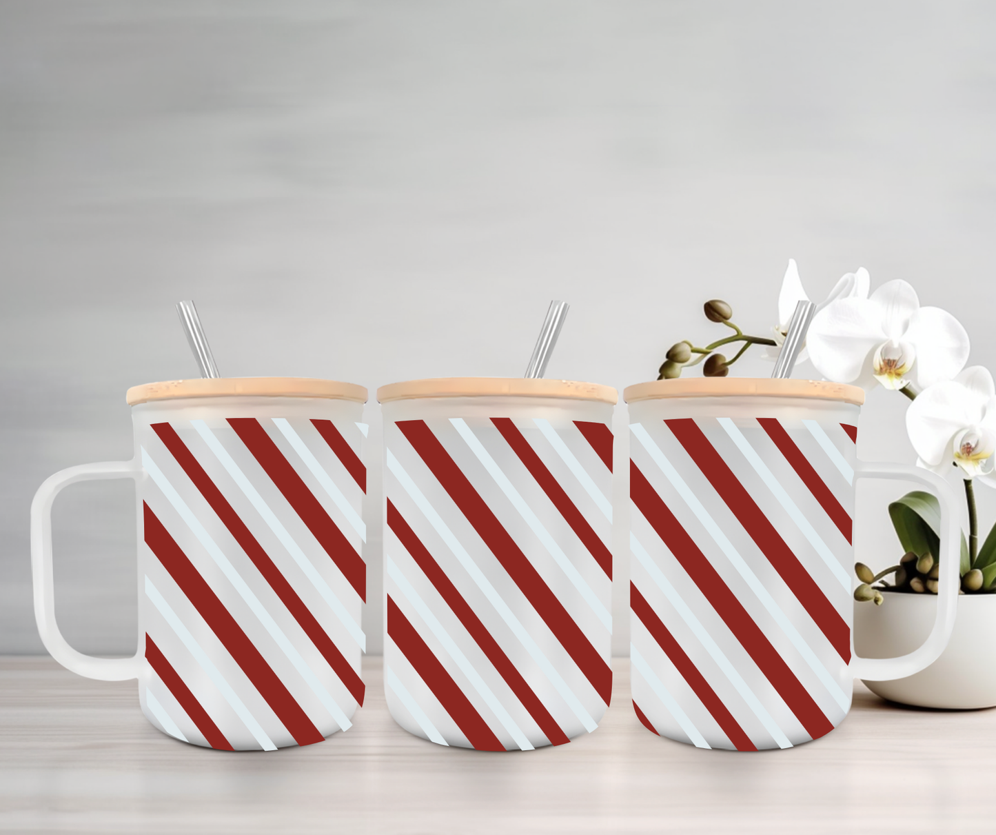 Candy Cane Stripes | UVDTF | 15oz Mug with Handle, Bamboo Lid & Straw