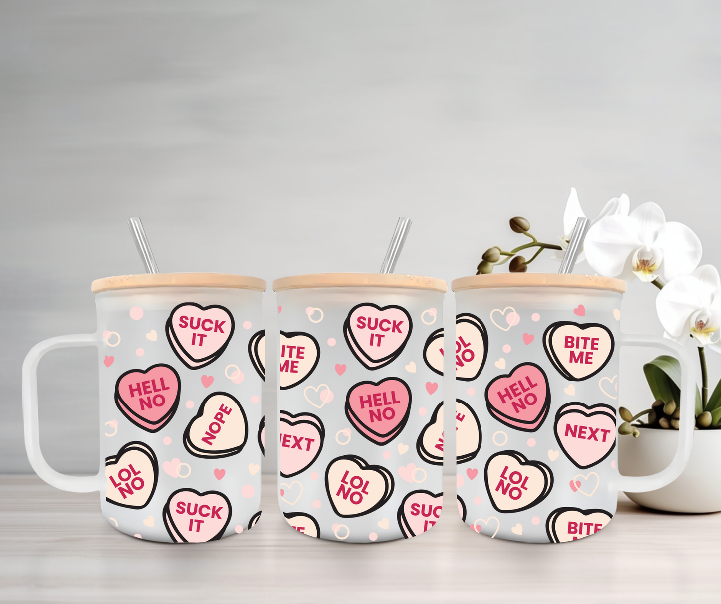 Anti-Valentines | UVDTF | 15oz Mug with Handle, Bamboo Lid & Straw