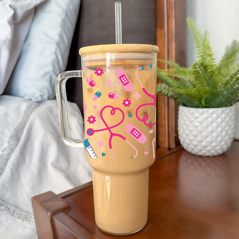Nurse | UVDTF | 40oz Glass Tumbler with Bamboo Lid & Straw