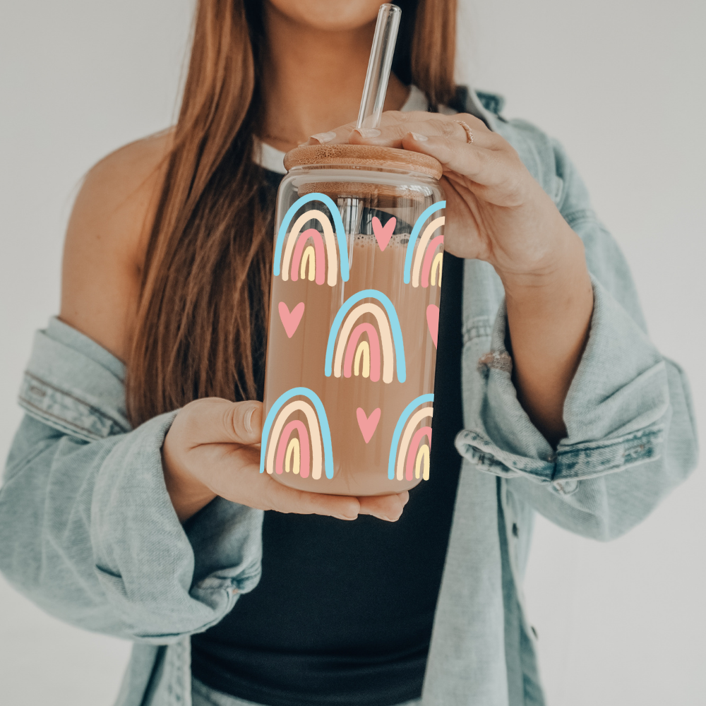 Rainbow Hearts | VINYL | 20 oz Libbey Can Glass with Bamboo Lid & Straw