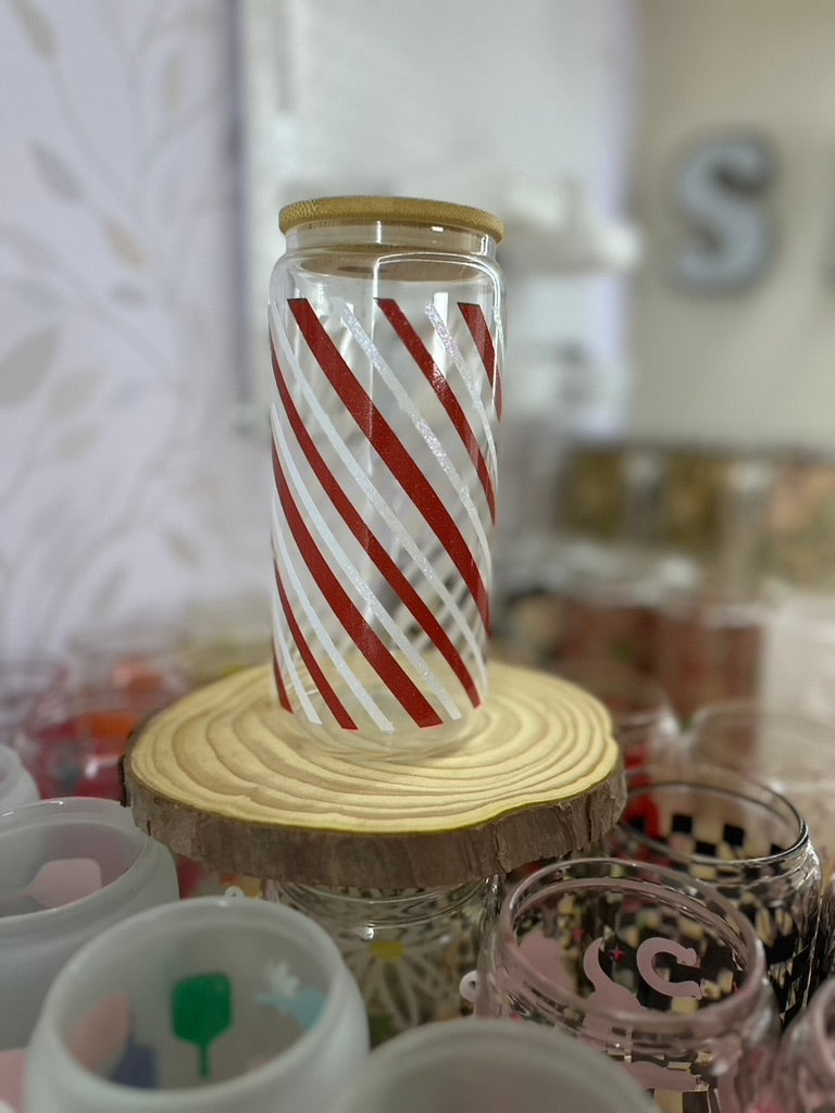 Candy Cane Stripes | UVDTF | 20 oz Libbey Can Glass with Bamboo Lid & Straw