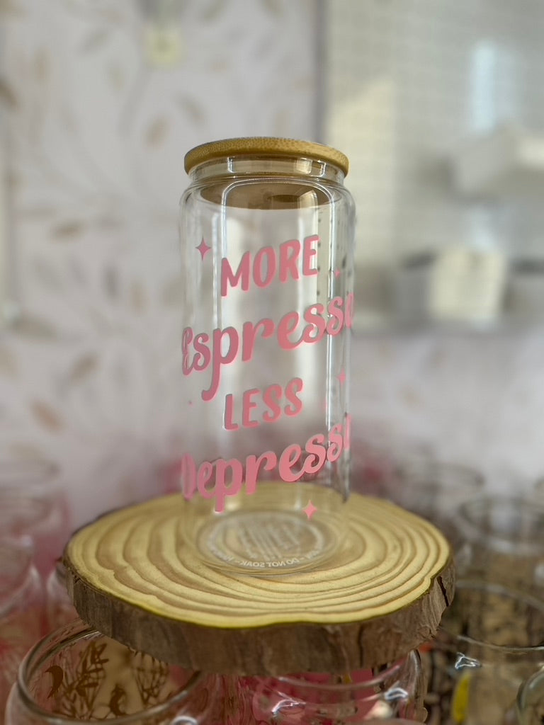 More Espresso, Less Depresso | UVDTF | 20 oz Libbey Can Glass with Bamboo Lid & Straw