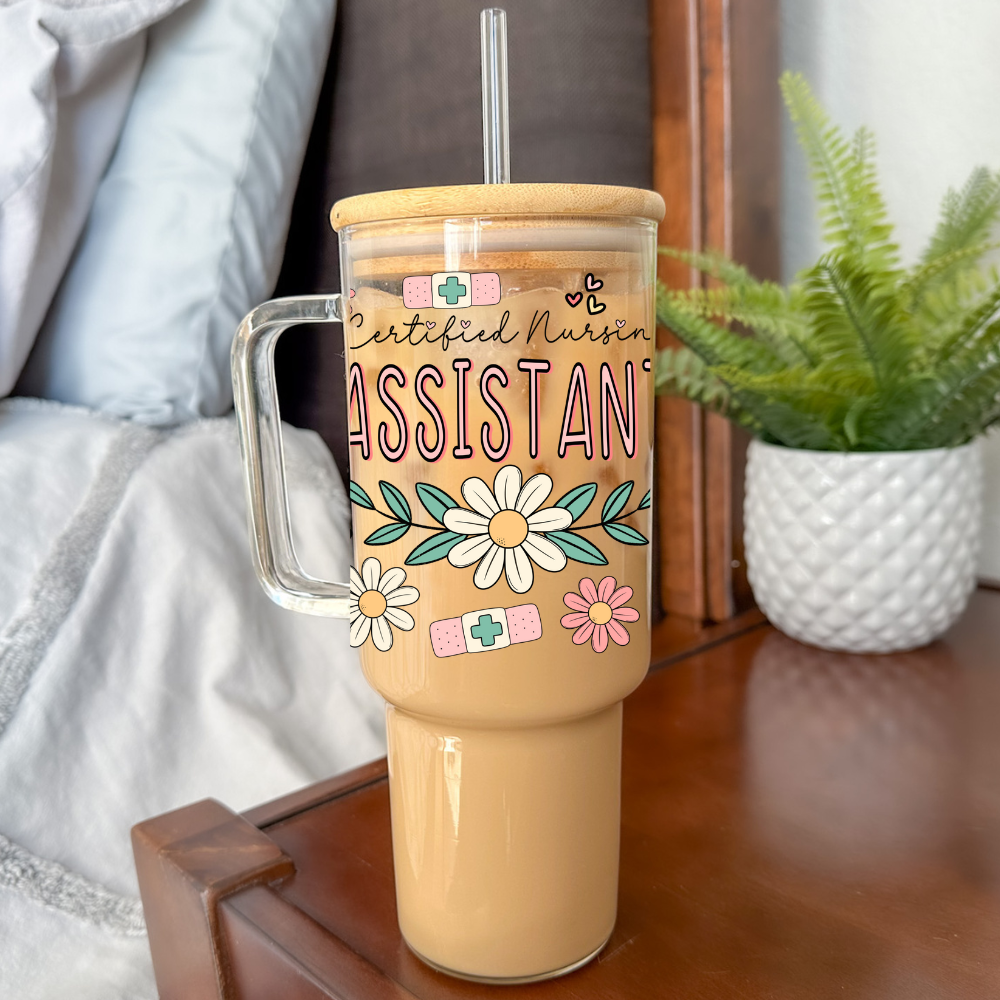Certified Nursing Assistant (CNA) | UVDTF | 40oz Glass Tumbler with Bamboo Lid & Straw
