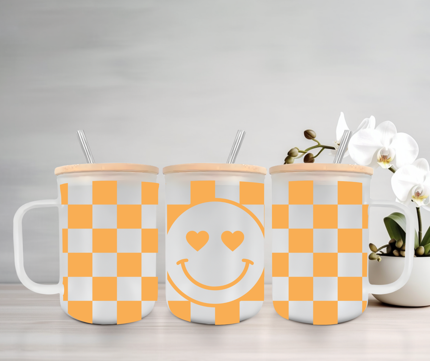 Checkered Smiley | UVDTF | 15oz Mug with Handle, Bamboo Lid & Straw