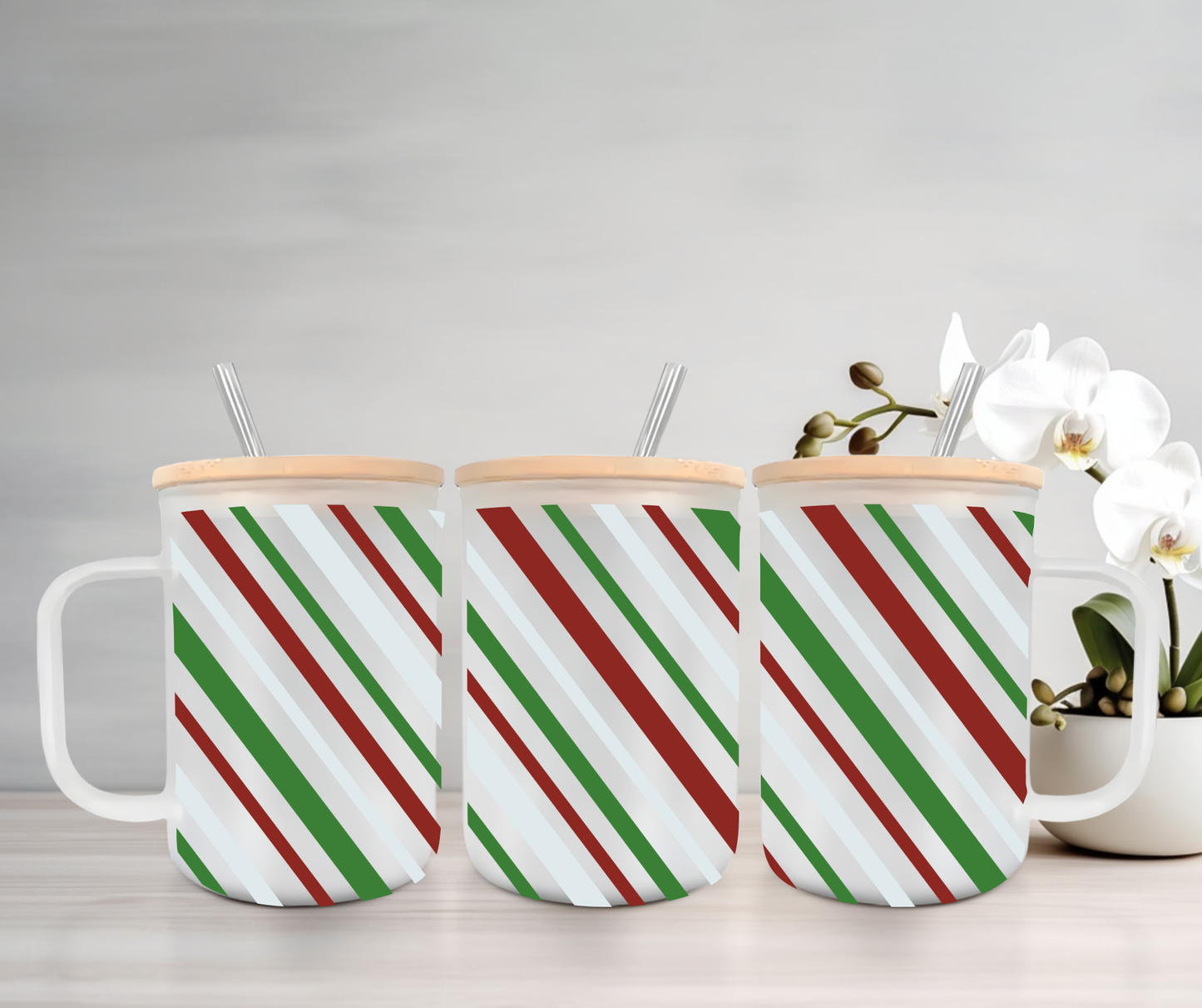 Christmas Stripes | UVDTF | 15oz Mug with Handle, Bamboo Lid & Straw