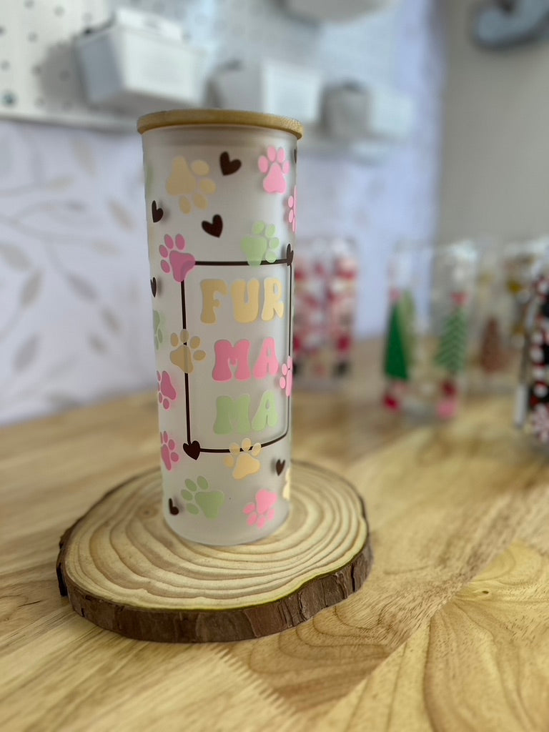 Fur Mama | UVDTF | 25oz Skinny Glass Tumbler with Bamboo Lid & Straw