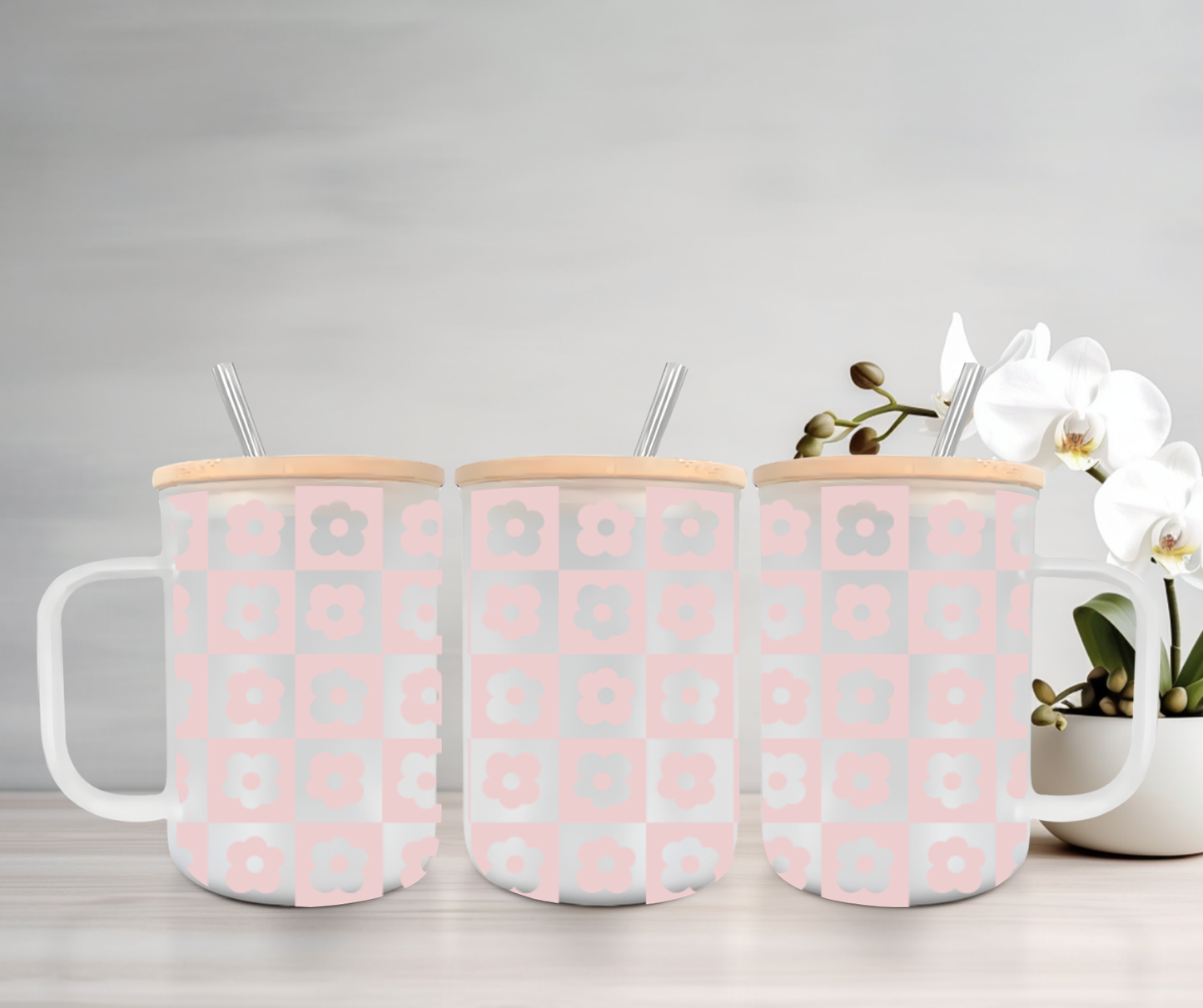 Checkered Flowers | UVDTF | 15oz Mug with Handle, Bamboo Lid & Straw