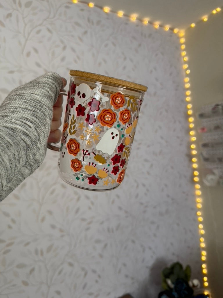 Floral Halloween | UVDTF | 15oz Mug with Handle, Bamboo Lid & Straw