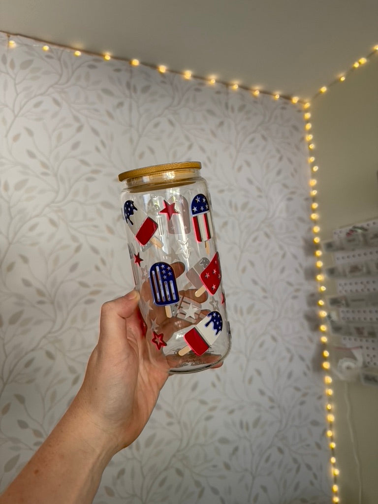 Patriotic Popsicles | UVDTF | 20 oz Libbey Can Glass with Bamboo Lid & Straw