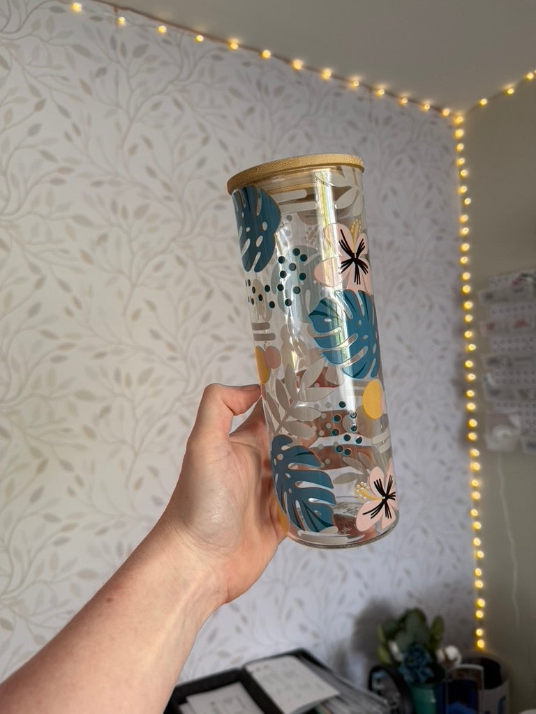 Hawaiian Floral | UVDTF | 25oz Skinny Glass Tumbler with Bamboo Lid & Straw